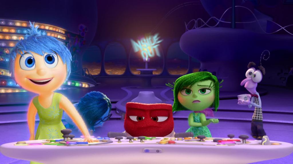 Cartoon of characters representing different emotions in Inside Out movie. 